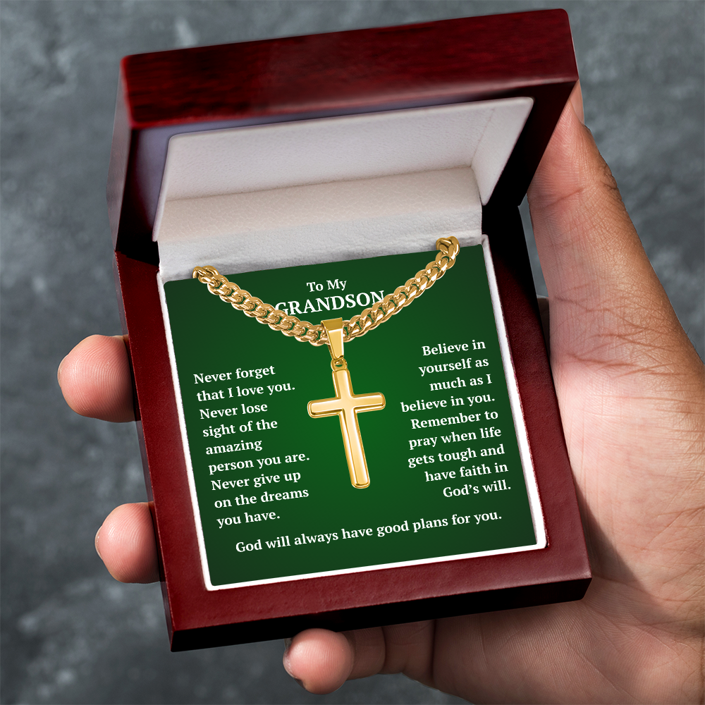 To My Grandson "Never Forget..." Artisan Cross on Cuban Link Chain