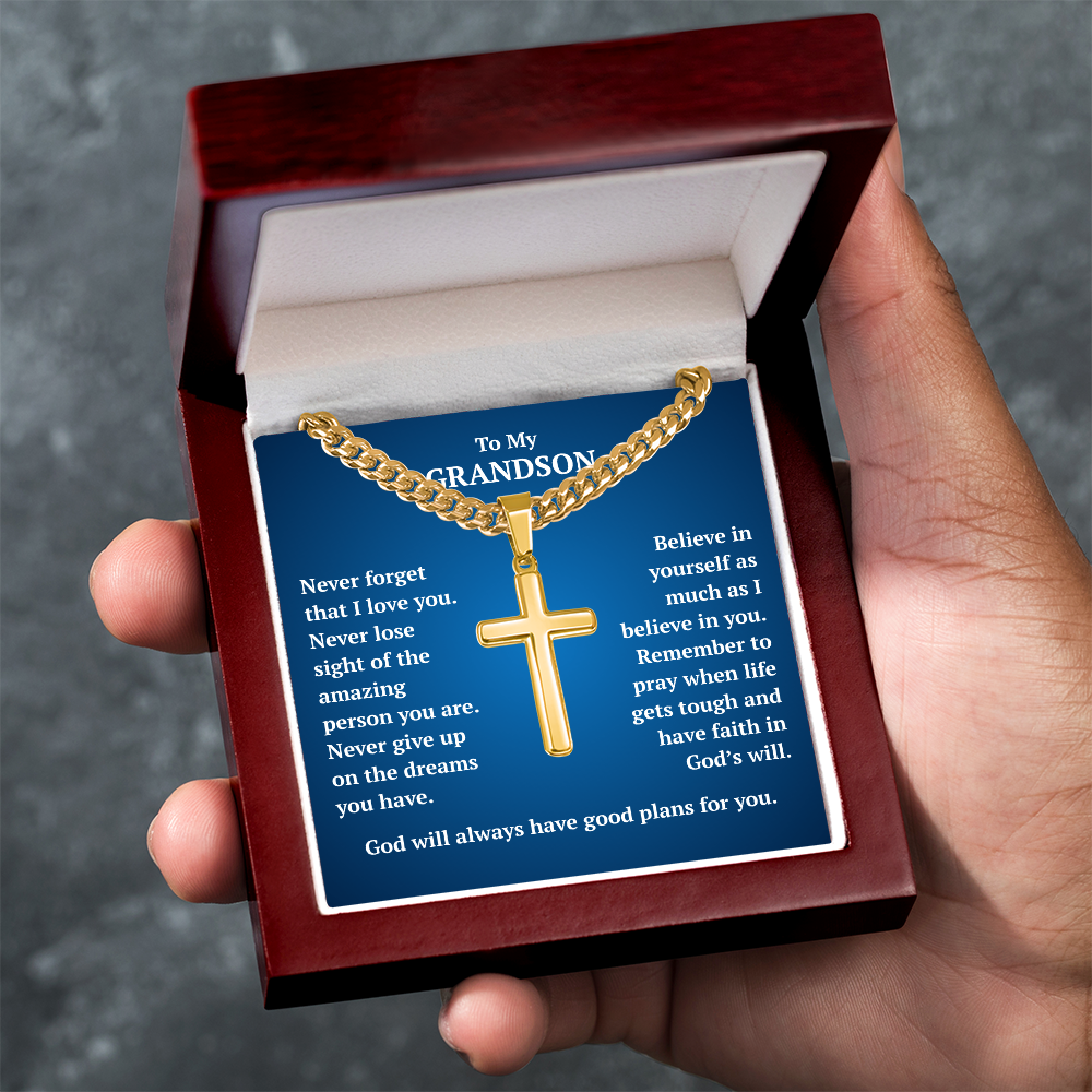 To My Grandson "Never Forget..." Artisan Cross on Cuban Link Chain