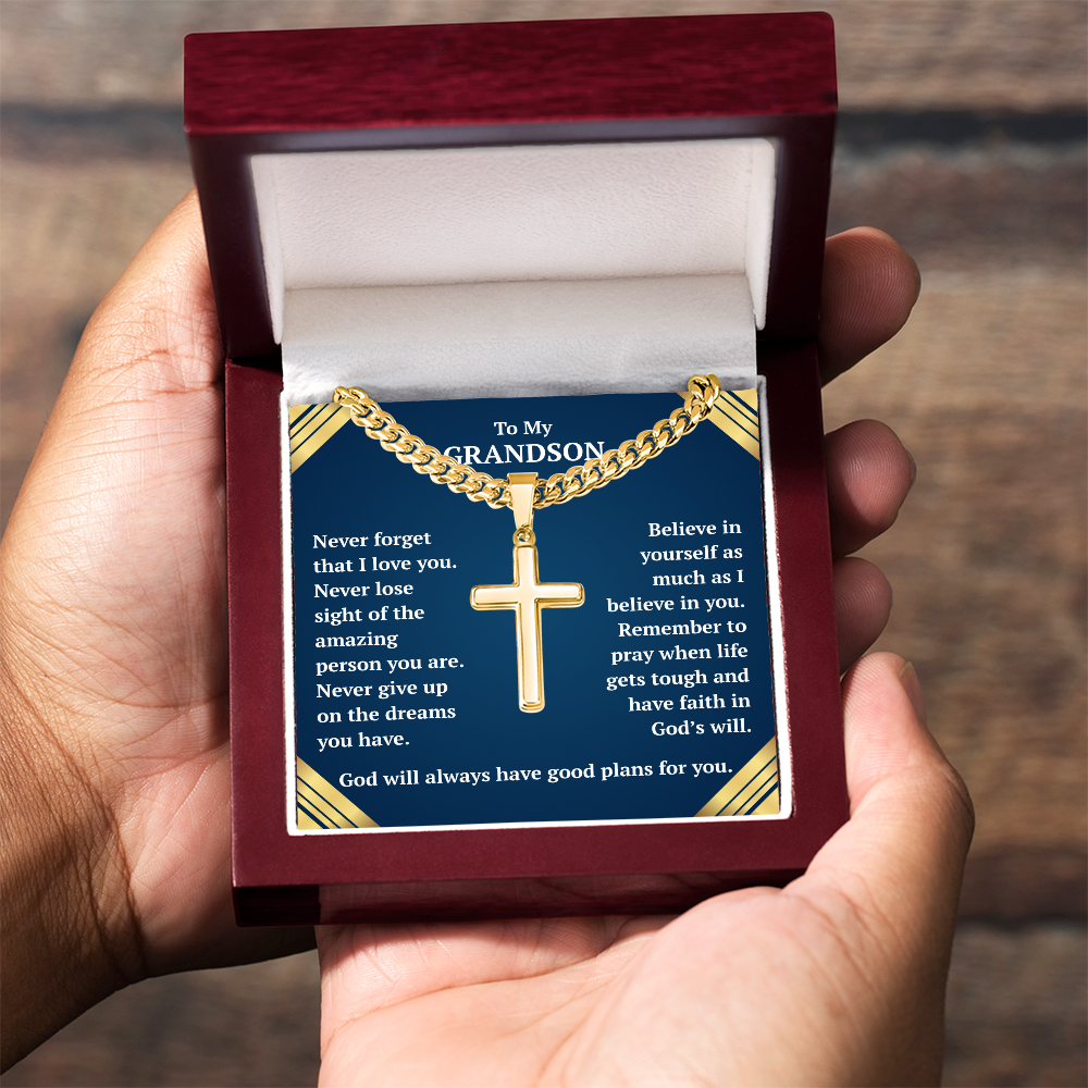 To My Grandson "Never Forget..." Artisan Cross on Cuban Link Chain
