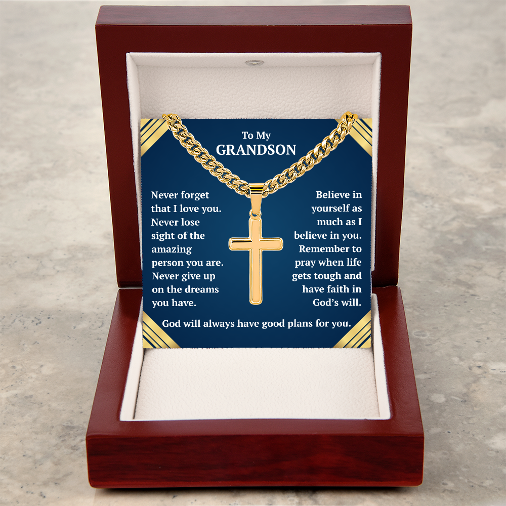 To My Grandson "Never Forget..." Artisan Cross on Cuban Link Chain
