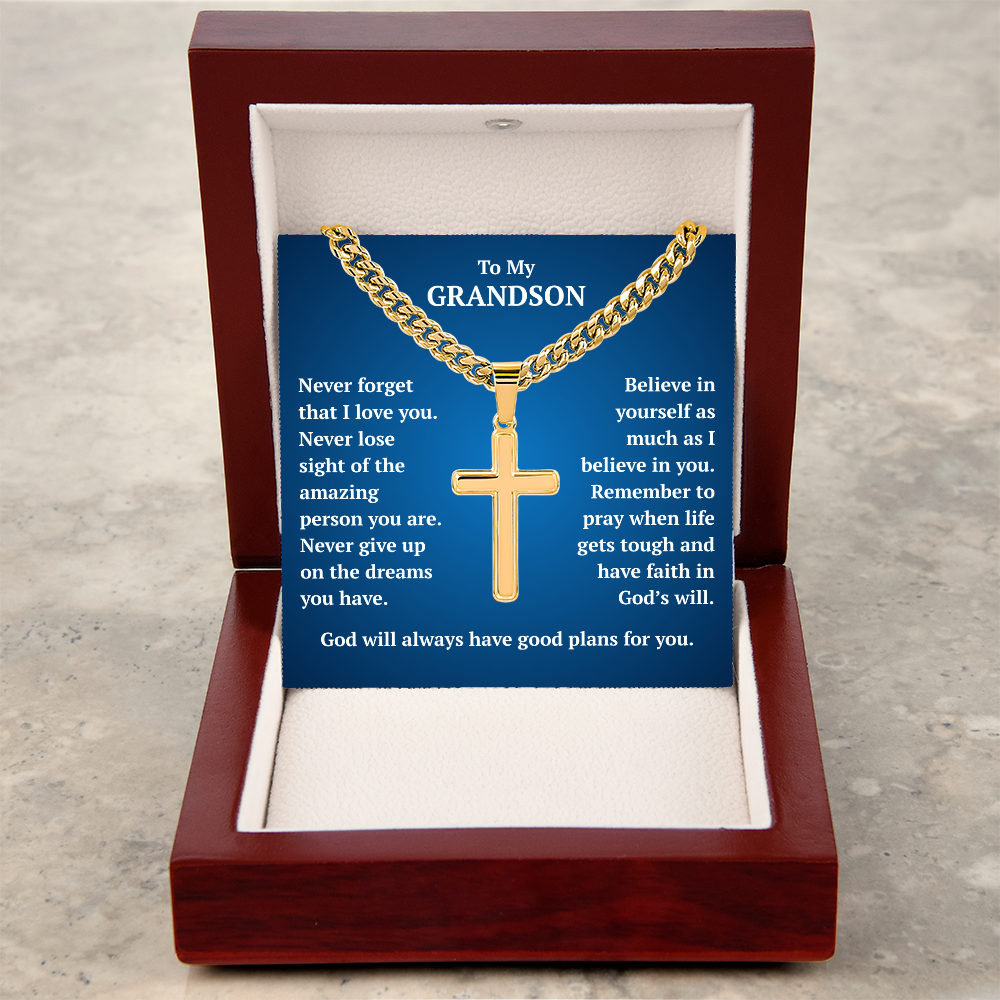 To My Grandson "Never Forget..." Artisan Cross on Cuban Link Chain