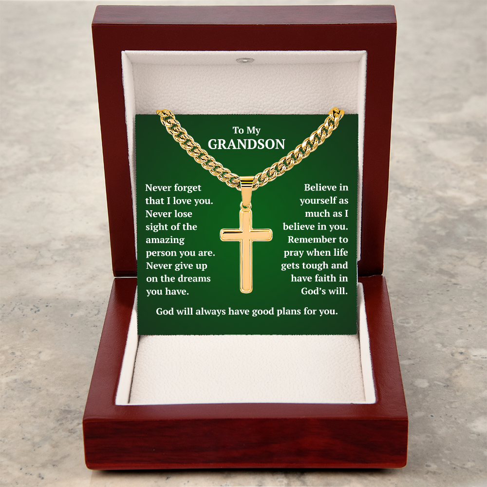To My Grandson "Never Forget..." Artisan Cross on Cuban Link Chain