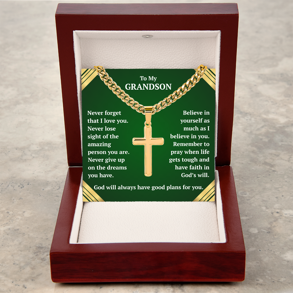 To My Grandson "Never Forget..." Artisan Cross on Cuban Link Chain