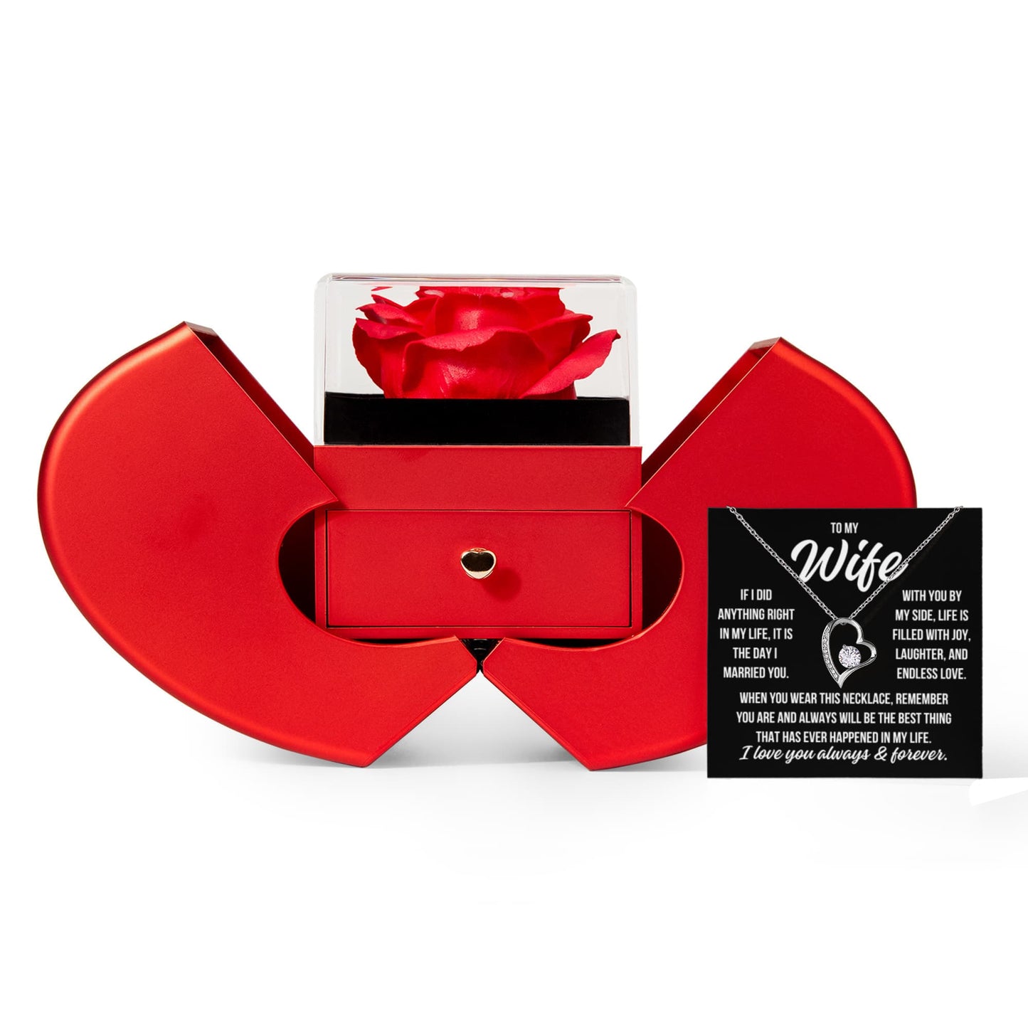 To My Wife "If I did anything..." Forever Love Necklace With Open Heart & Rose Luxury Box