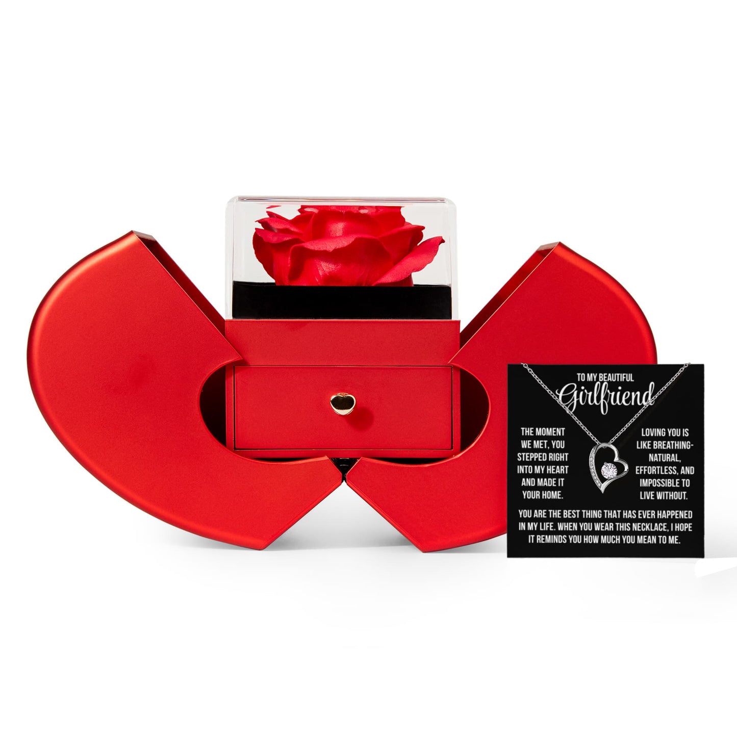 To My Girlfriend "The moment we met..." Forever Love Necklace With Open Heart & Rose Luxury Box
