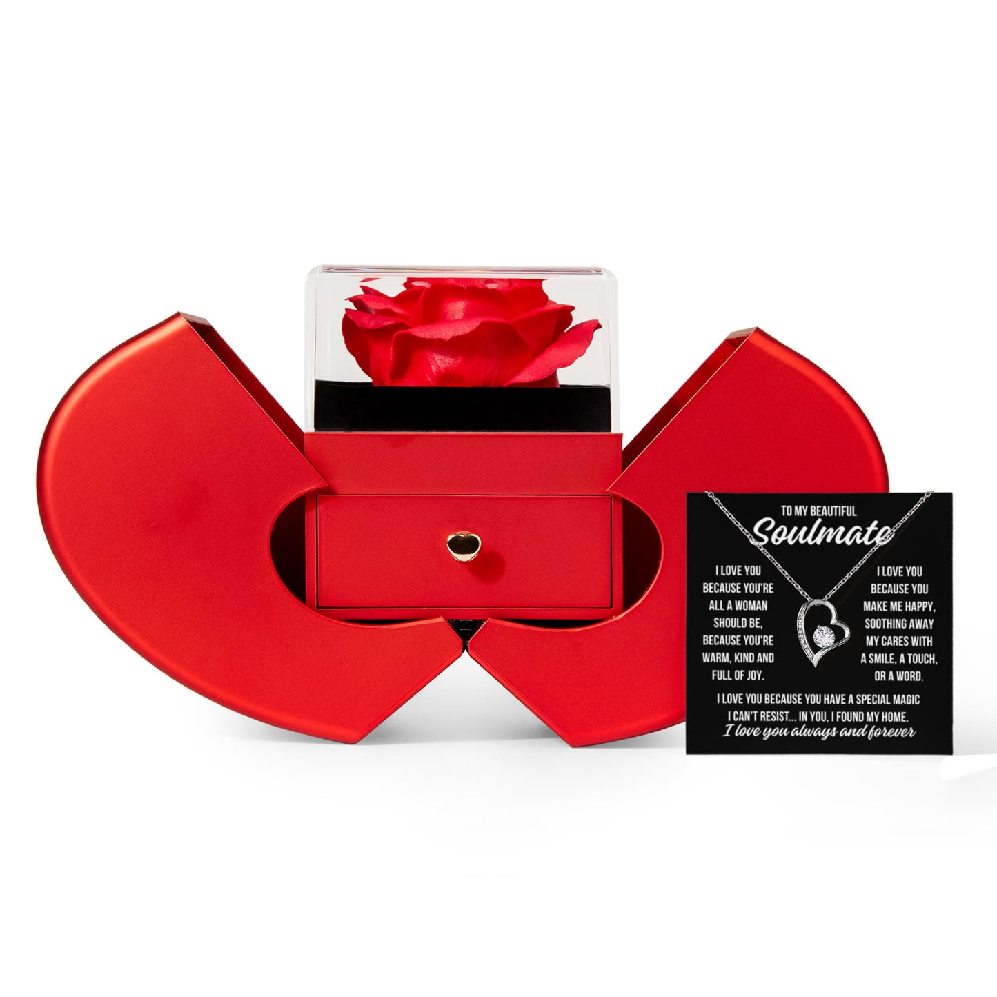 To My Soulmate "I love you because..." Forever Love Necklace With Open Heart & Rose Luxury Box
