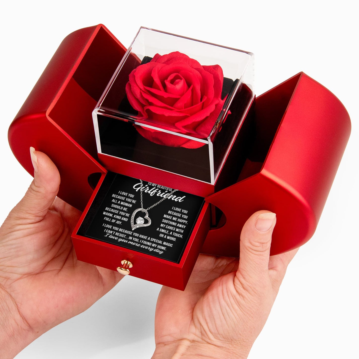 To My Girlfriend "I love you because..." Forever Love Necklace With Open Heart & Rose Luxury Box