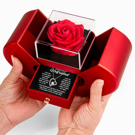 To My Girlfriend "I love you because..." Forever Love Necklace With Open Heart & Rose Luxury Box