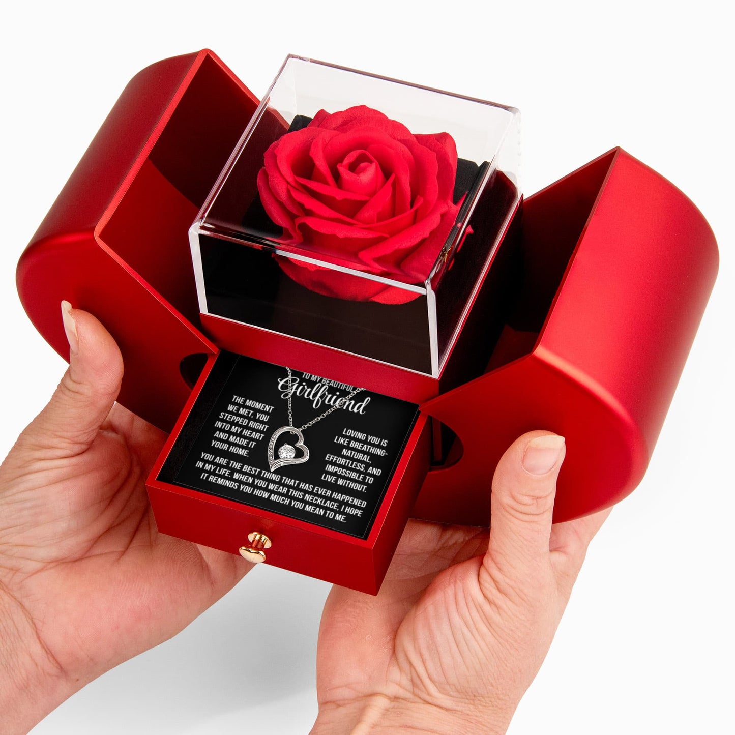 To My Girlfriend "The moment we met..." Forever Love Necklace With Open Heart & Rose Luxury Box