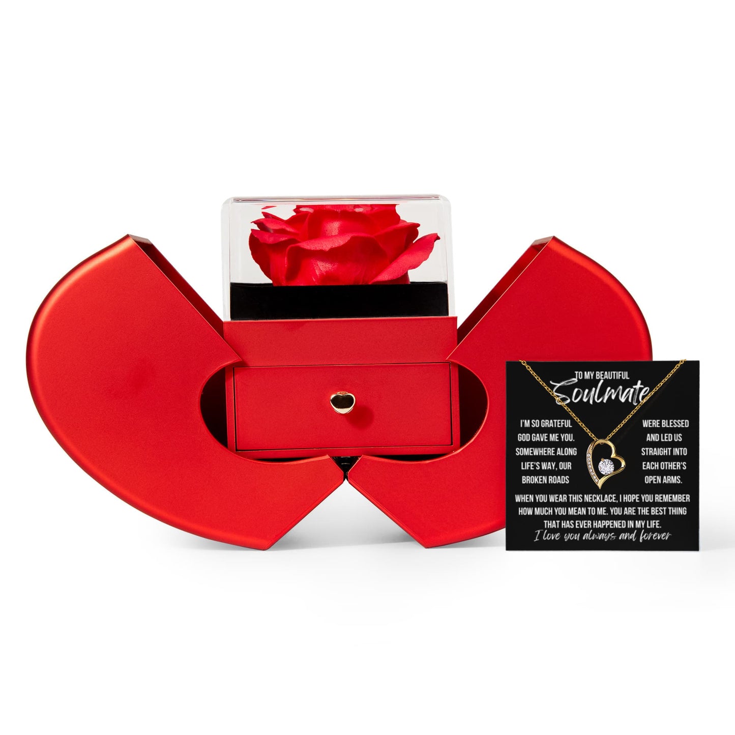 To My Soulmate "I'm so grateful..." Forever Love Necklace With Open Heart & Rose Luxury Box
