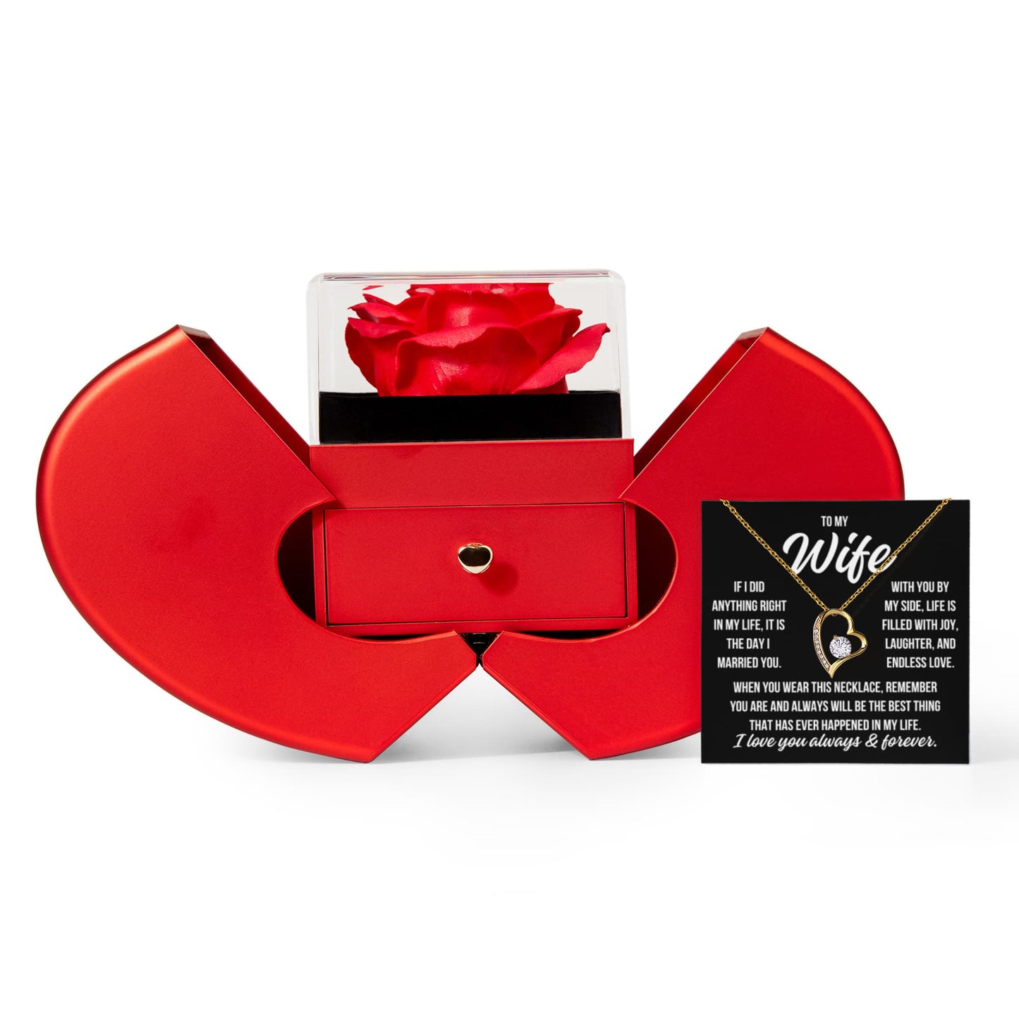 To My Wife "If I did anything..." Forever Love Necklace With Open Heart & Rose Luxury Box