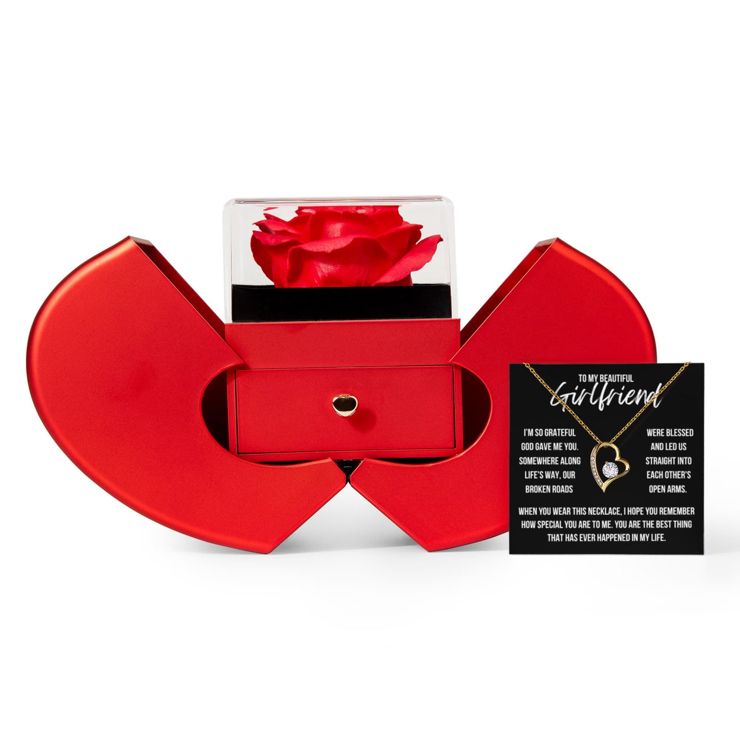 To My Girlfriend "I'm so grateful..." Forever Love Necklace With Open Heart & Rose Luxury Box