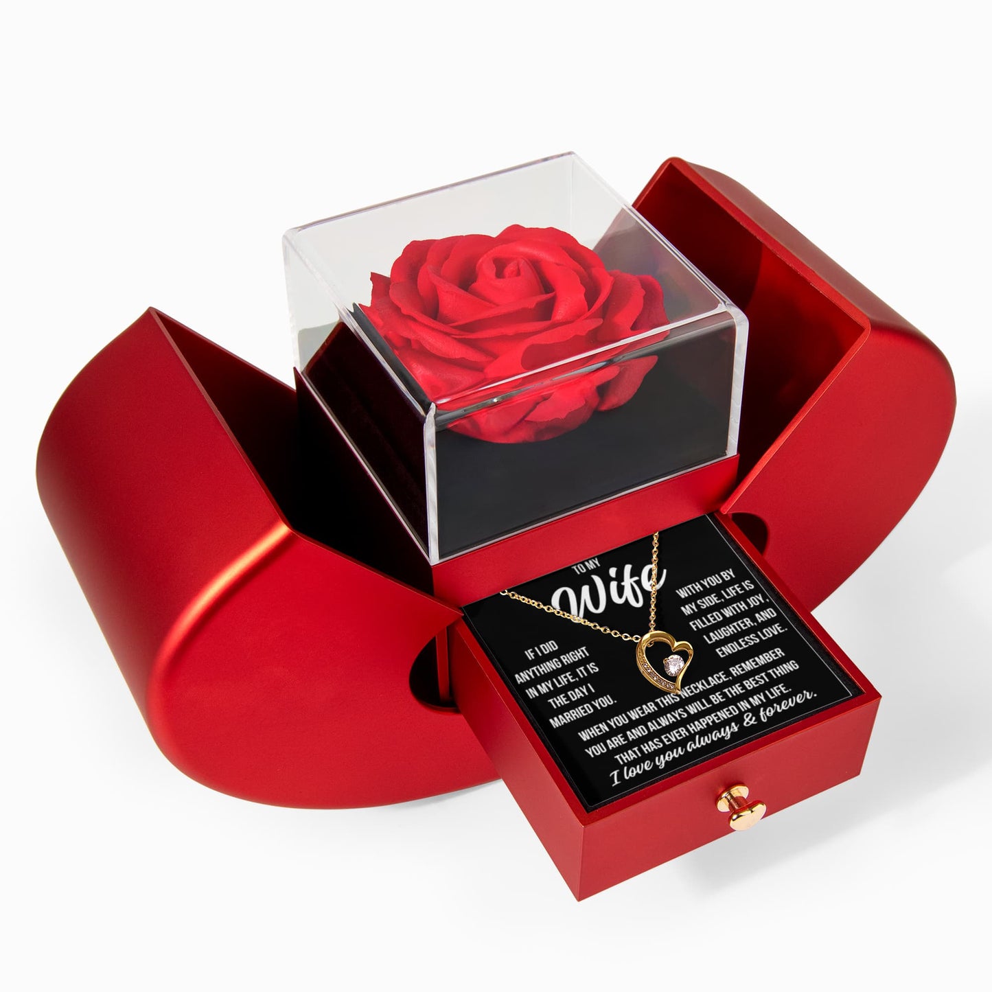 To My Wife "If I did anything..." Forever Love Necklace With Open Heart & Rose Luxury Box