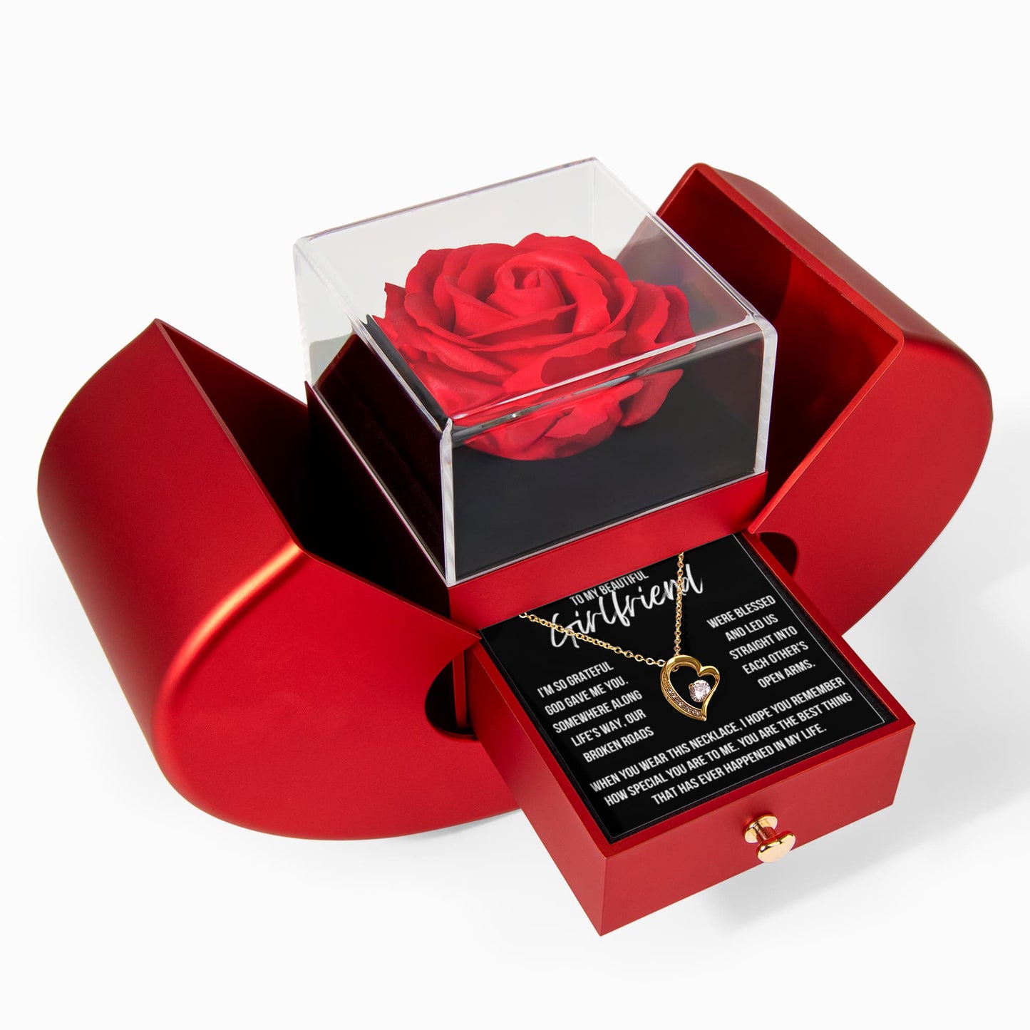 To My Girlfriend "I'm so grateful..." Forever Love Necklace With Open Heart & Rose Luxury Box
