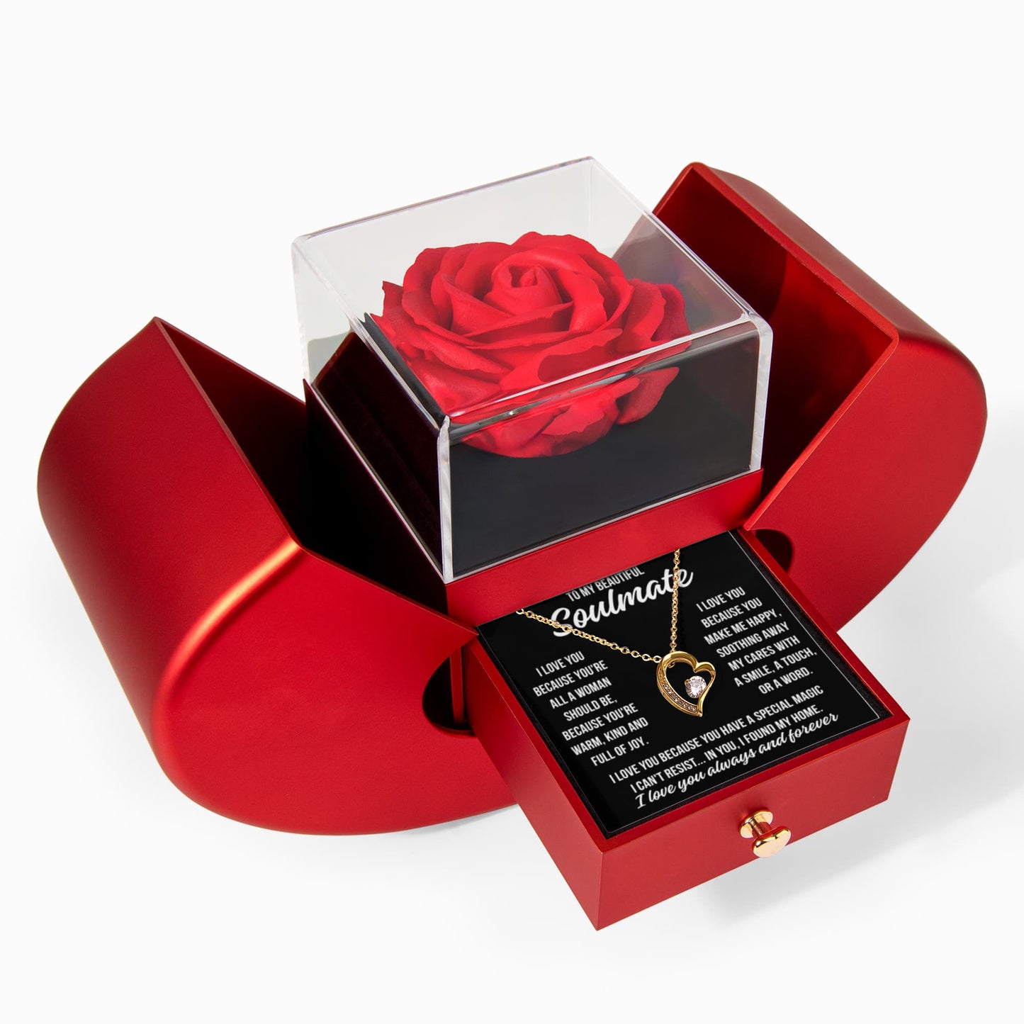 To My Soulmate "I love you because..." Forever Love Necklace With Open Heart & Rose Luxury Box