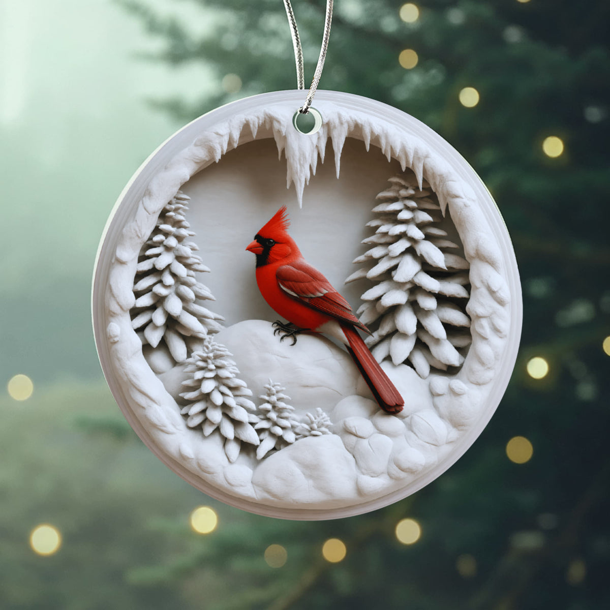 Cardinal in A Snow Globe 3D Effect Acrylic Circle Ornament