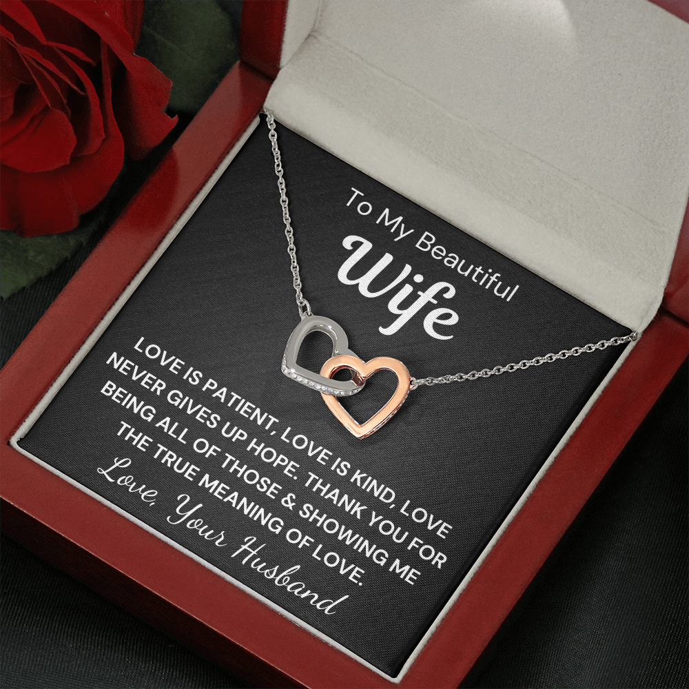Gift to Wife... Love Is Patient - Interlocking Hearts with Sparkling Cubic Zirconia Crystals with White Gold and Rose Gold over Stainless Steel