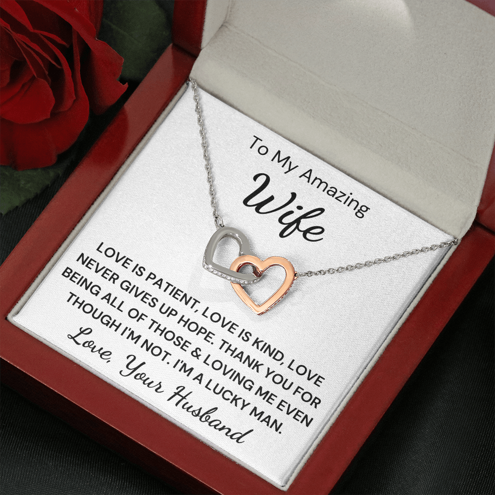 Gift to Amazing Wife - Interlocking Hearts with Sparkling Cubic Zirconia Crystals with White Gold and Rose Gold over Stainless Steel