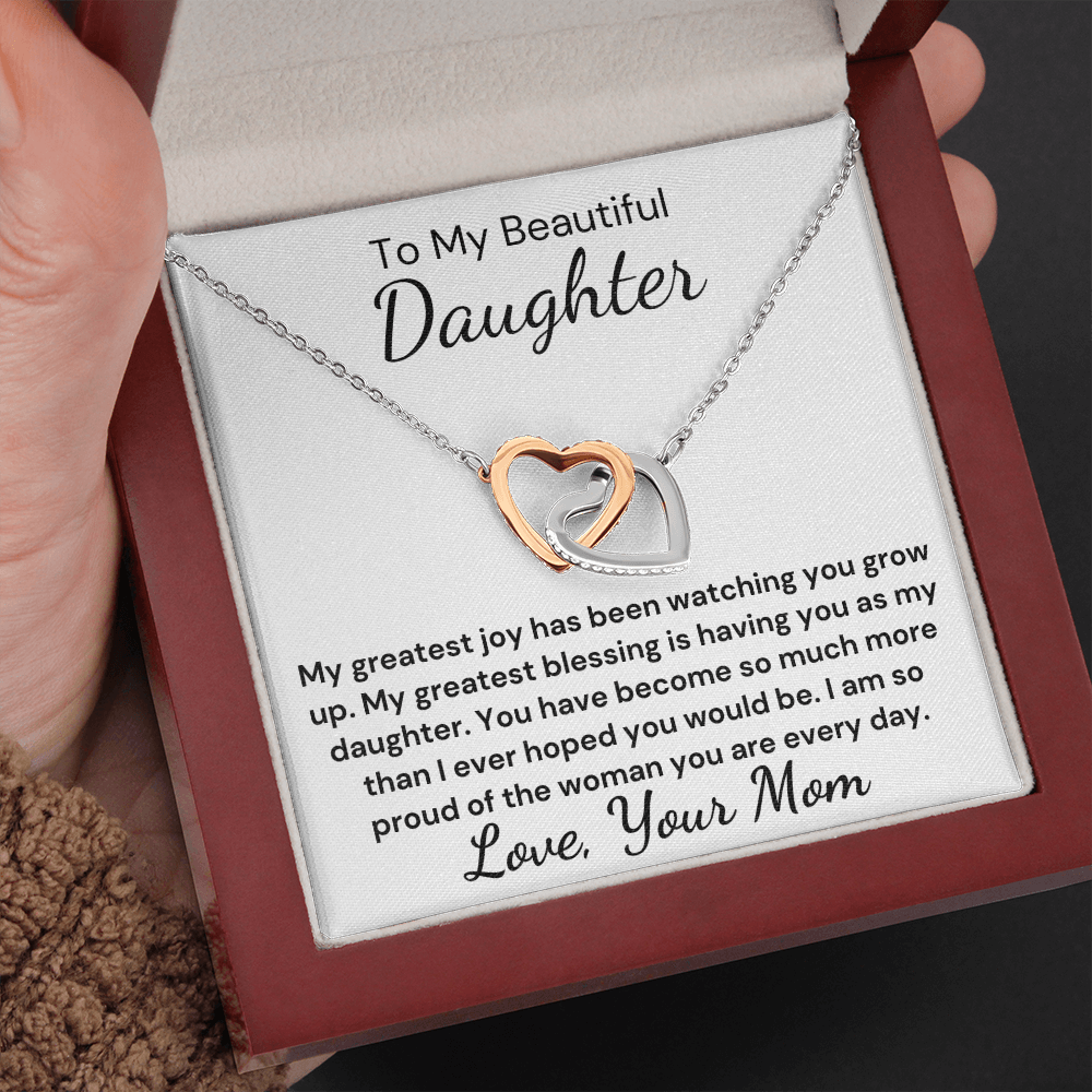 Gift to Daughter from Mom - Greater Blessing Interlocking Hearts with Sparkling Cubic Zirconia Crystals with White Gold and Rose Gold over Stainless Steel