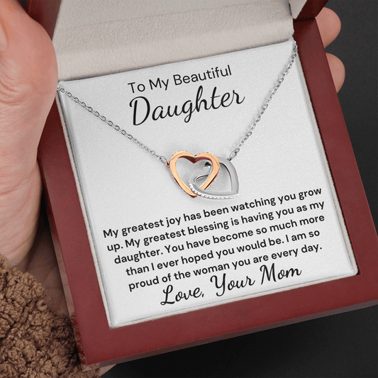 Gift to Daughter from Mom - Greater Blessing Interlocking Hearts with Sparkling Cubic Zirconia Crystals with White Gold and Rose Gold over Stainless Steel