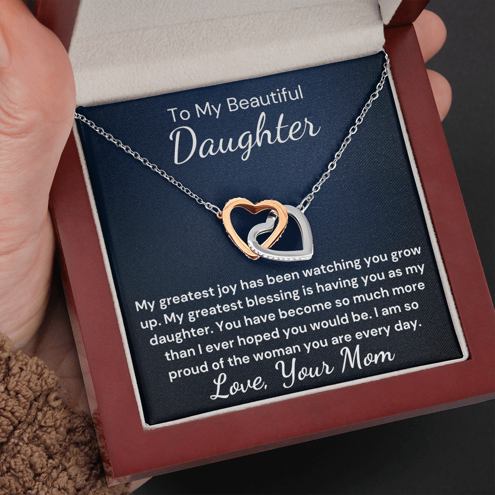 Gift to Daughter from Mom - Greater Blessing Interlocking Hearts with Sparkling Cubic Zirconia Crystals with White Gold and Rose Gold over Stainless Steel