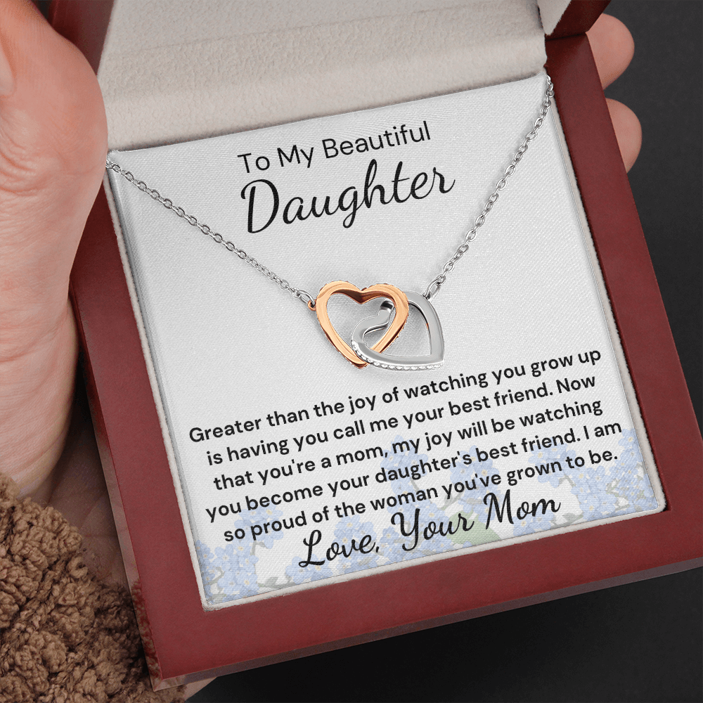 Gift to Daughter from Mom - Greater Blessing Interlocking Hearts with Sparkling Cubic Zirconia Crystals with White Gold and Rose Gold over Stainless Steel