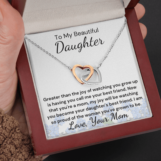 Gift to Daughter from Mom - Greater Blessing Interlocking Hearts with Sparkling Cubic Zirconia Crystals with White Gold and Rose Gold over Stainless Steel