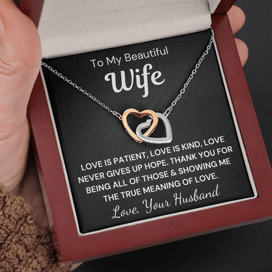 Gift to Wife... Love Is Patient - Interlocking Hearts with Sparkling Cubic Zirconia Crystals with White Gold and Rose Gold over Stainless Steel