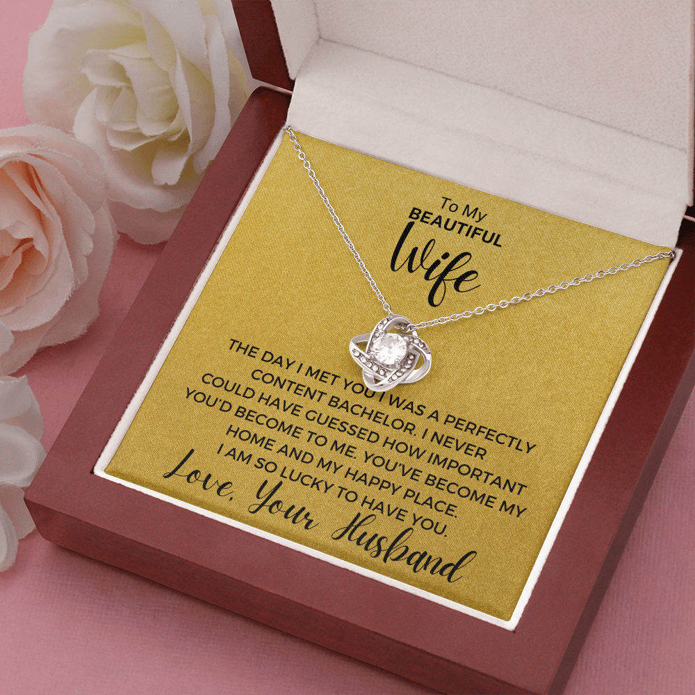 Gift to Wife - The Day I Met You... Love Knot 14K White Gold Over Stainless Steel Necklace