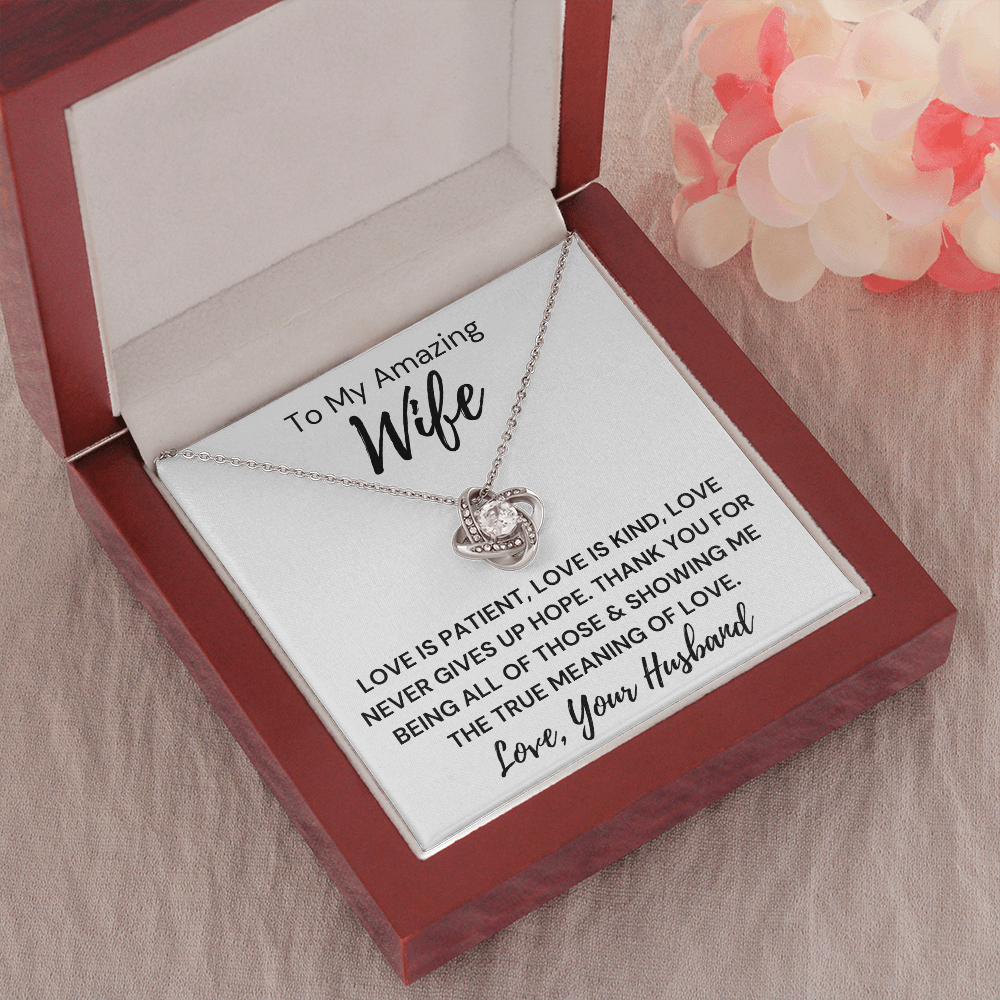 Gift to Wife - Love is Patient... Love Knot 14K White Gold Over Stainless Steel Necklace