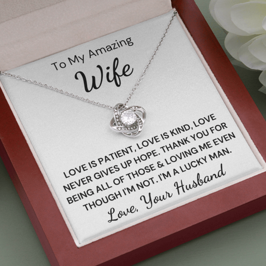 Gift to Wife - Love Never Gives Up... Love Knot 14K White Gold Over Stainless Steel Necklace