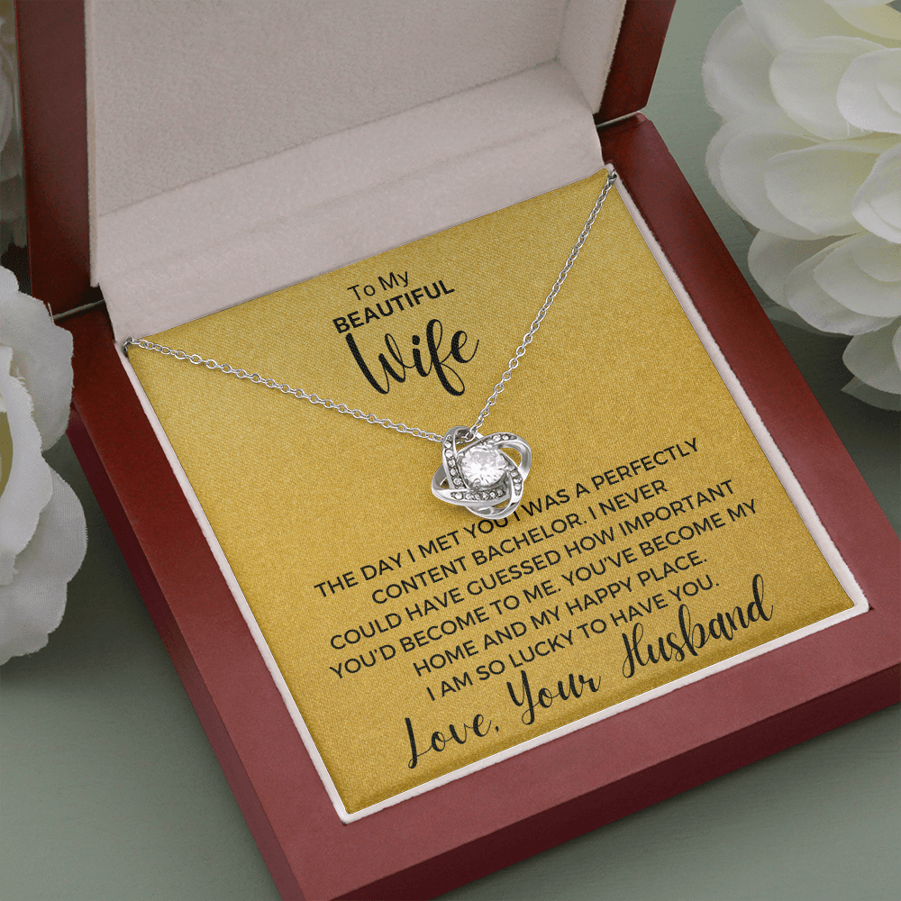 Gift to Wife - The Day I Met You... Love Knot 14K White Gold Over Stainless Steel Necklace