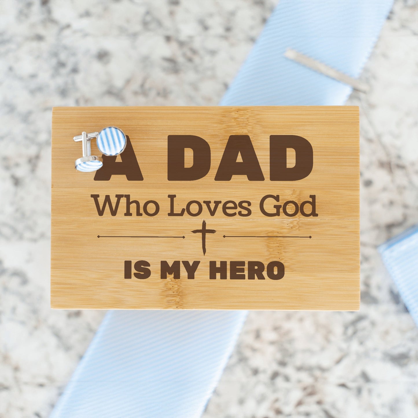"A Dad Who Loves God is My Hero" Engraved Tie Gift Box: Includes Premium Tie, Tie Clip, and Matching Handkerchief