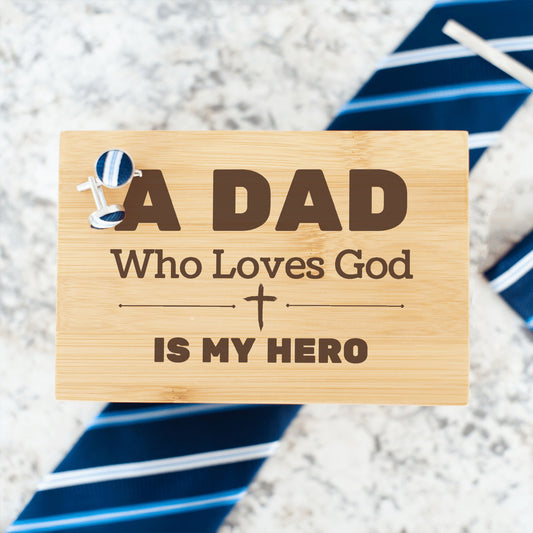 "A Dad Who Loves God is My Hero" Engraved Tie Gift Box: Includes Premium Tie, Tie Clip, and Matching Handkerchief