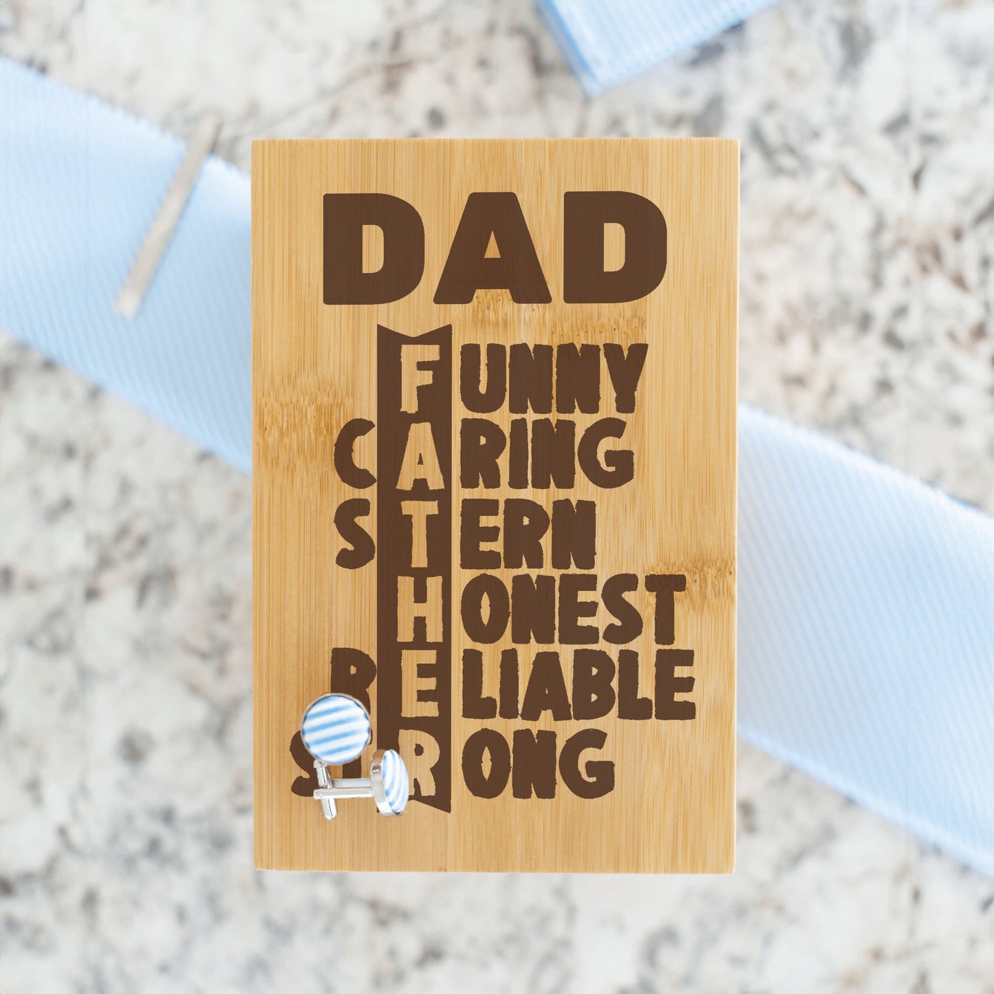 "DAD FATHER" Engraved Tie Gift Box: Includes Premium Tie, Tie Clip, and Matching Handkerchief