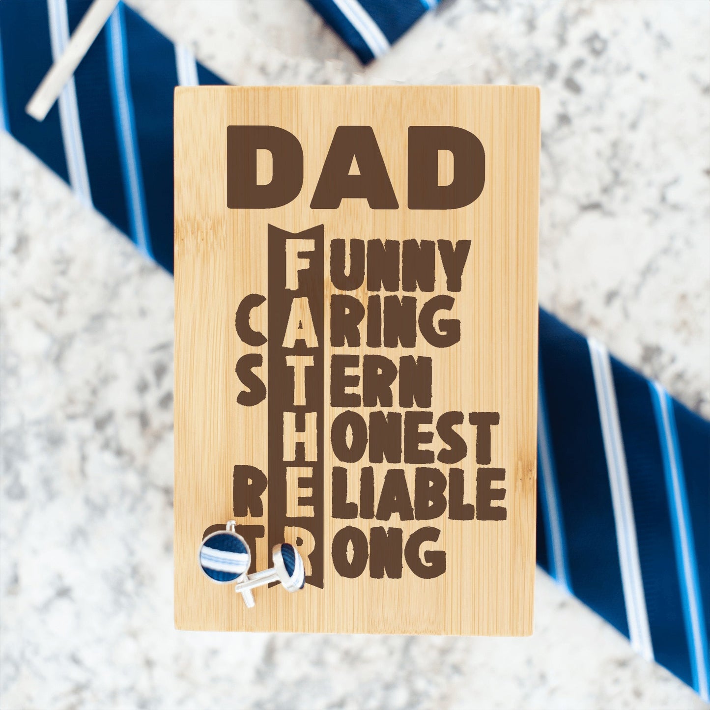 "DAD FATHER" Engraved Tie Gift Box: Includes Premium Tie, Tie Clip, and Matching Handkerchief