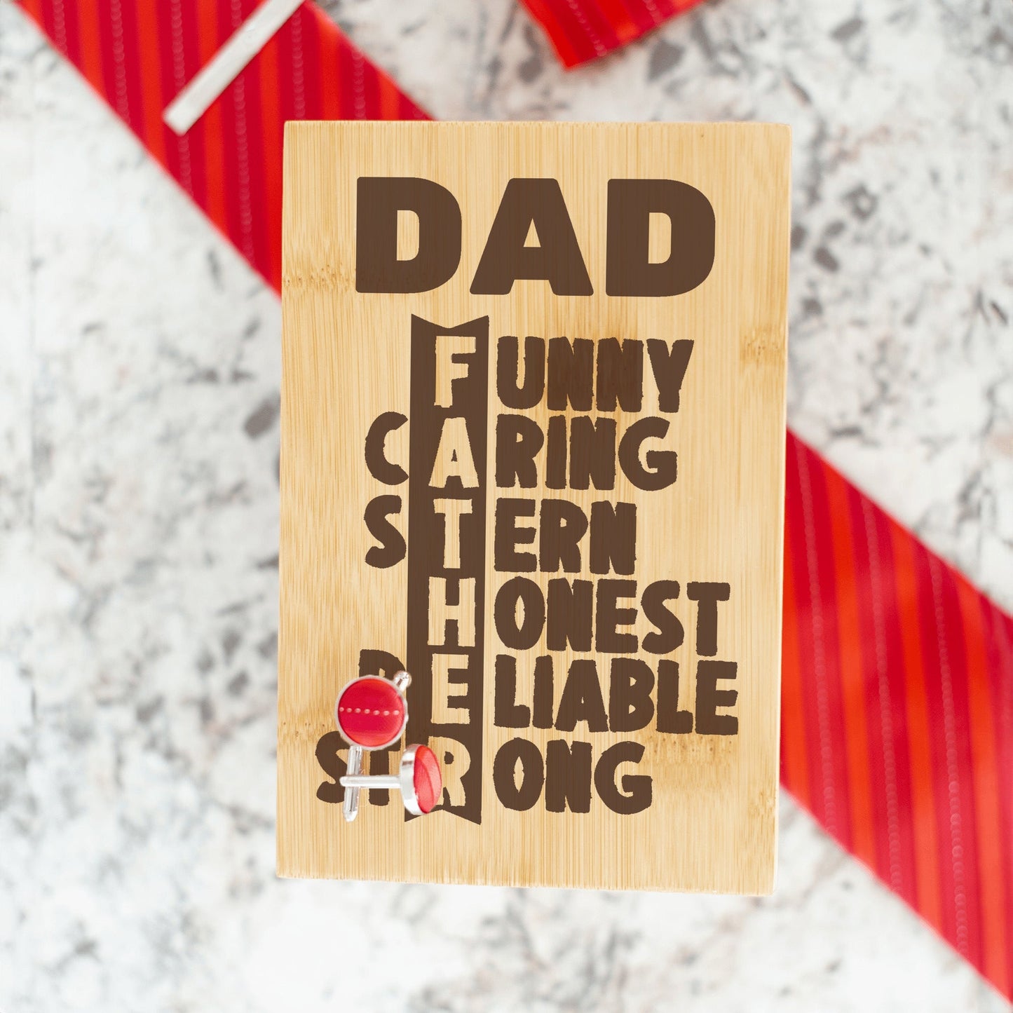 "DAD FATHER" Engraved Tie Gift Box: Includes Premium Tie, Tie Clip, and Matching Handkerchief