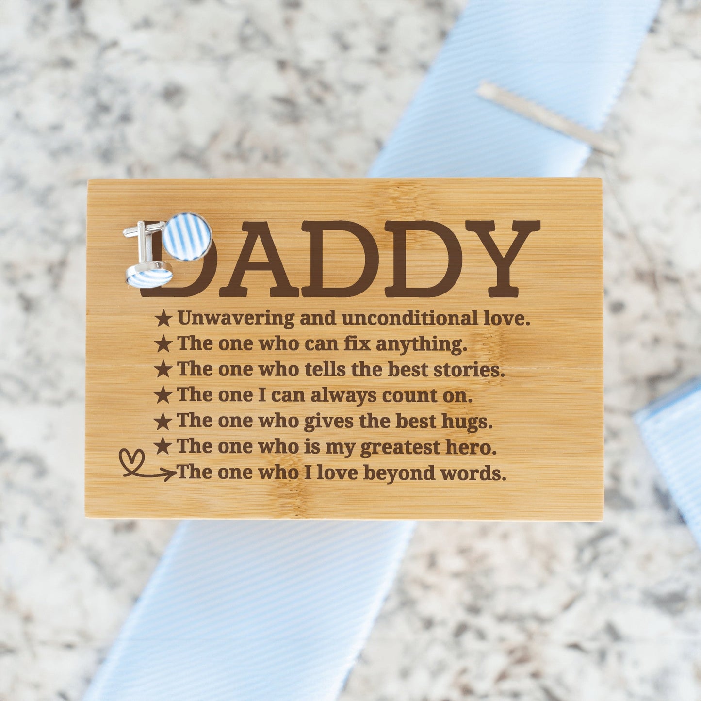 "DADDY The One..." Engraved Tie Gift Box: Includes Premium Tie, Tie Clip, and Matching Handkerchief