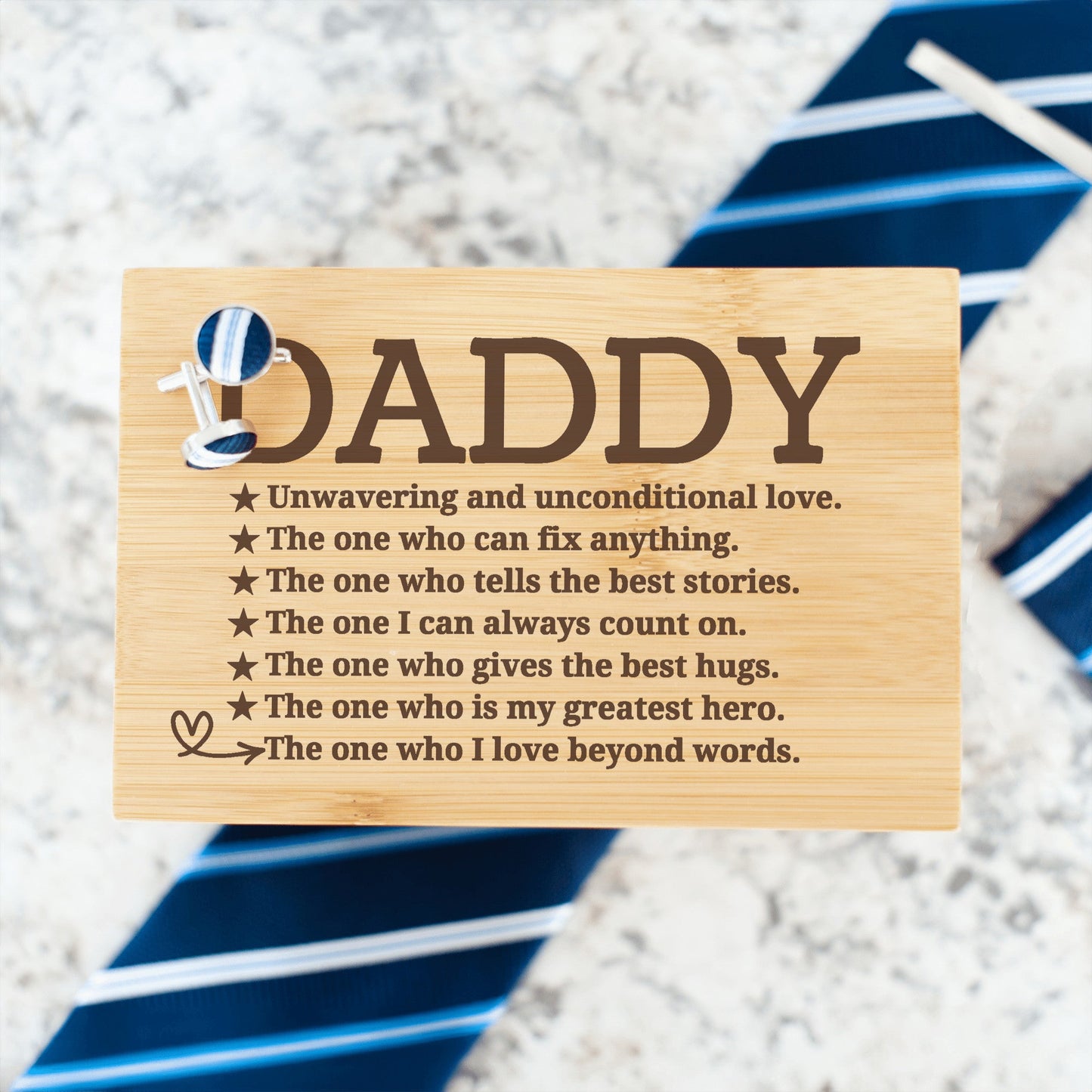 "DADDY The One..." Engraved Tie Gift Box: Includes Premium Tie, Tie Clip, and Matching Handkerchief