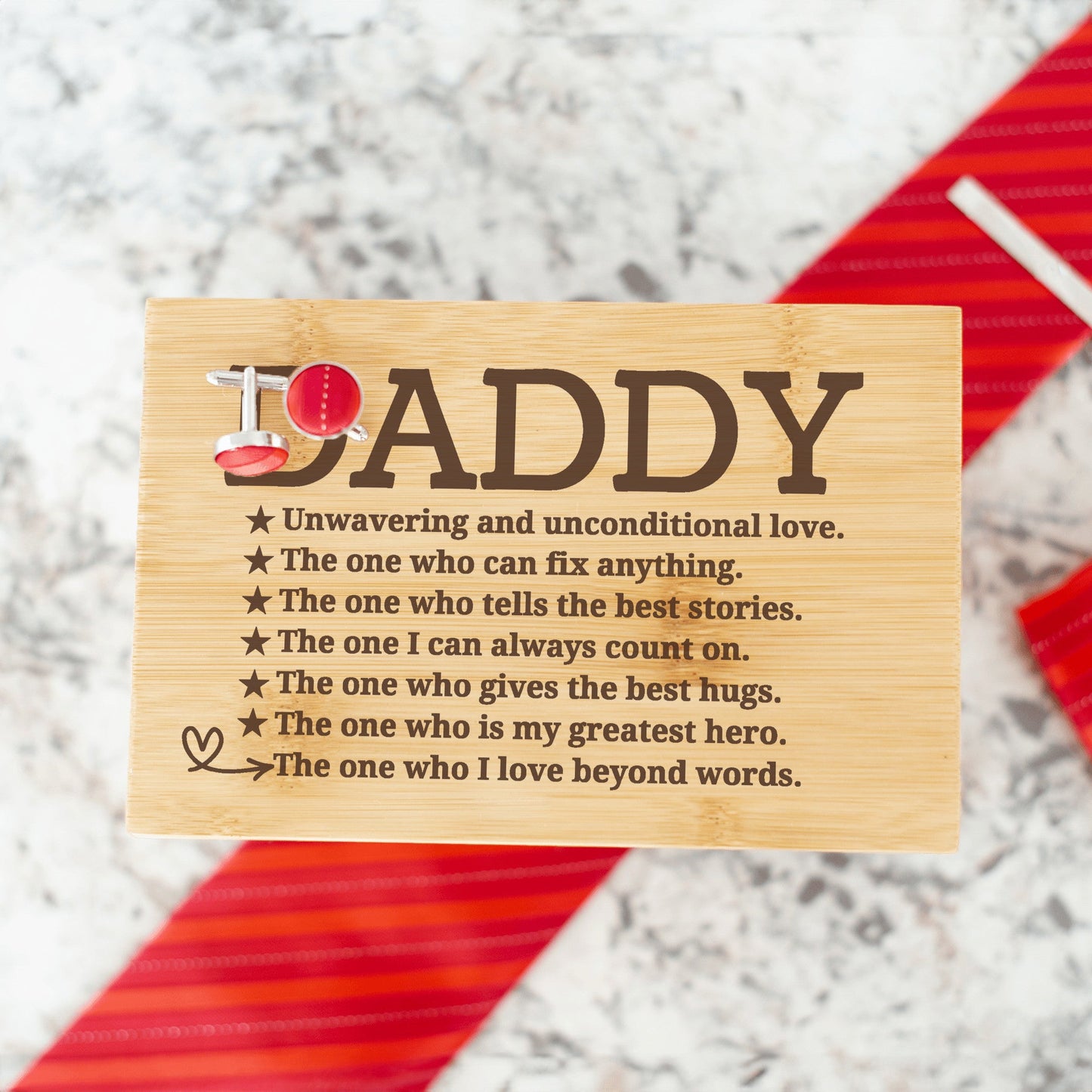 "DADDY The One..." Engraved Tie Gift Box: Includes Premium Tie, Tie Clip, and Matching Handkerchief