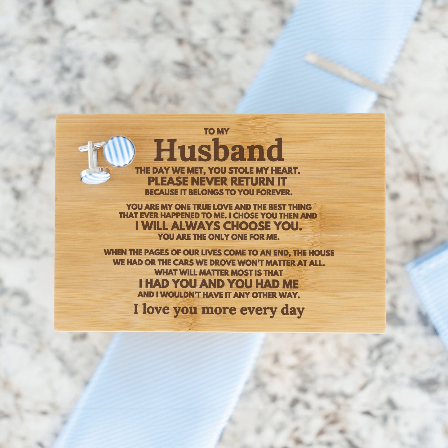 To My Husband "The Day We Met..." Engraved Tie Gift Box: Includes Premium Tie, Tie Clip, and Matching Handkerchief