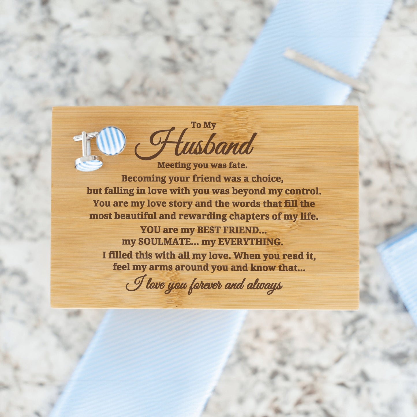 To My Husband "Meeting You Was Fate..." Engraved Tie Gift Box: Includes Premium Tie, Tie Clip, and Matching Handkerchief