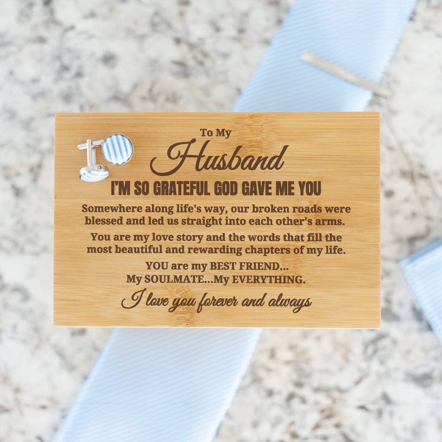 To My Husband "I'm So Grateful God..." Engraved Tie Gift Box: Includes Premium Tie, Tie Clip, and Matching Handkerchief