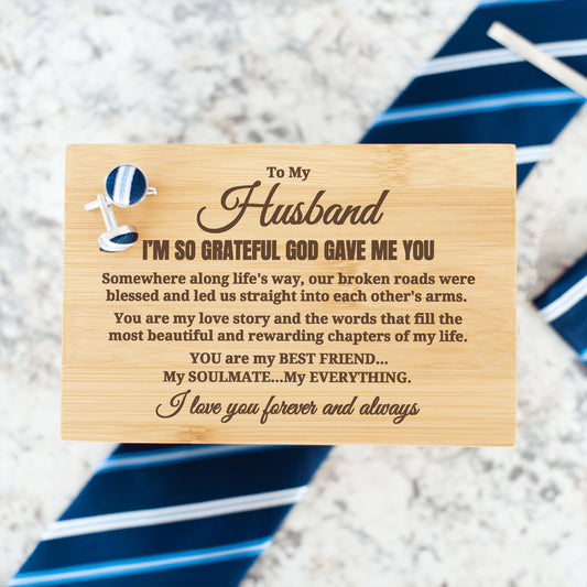 To My Husband "I'm So Grateful God..." Engraved Tie Gift Box: Includes Premium Tie, Tie Clip, and Matching Handkerchief