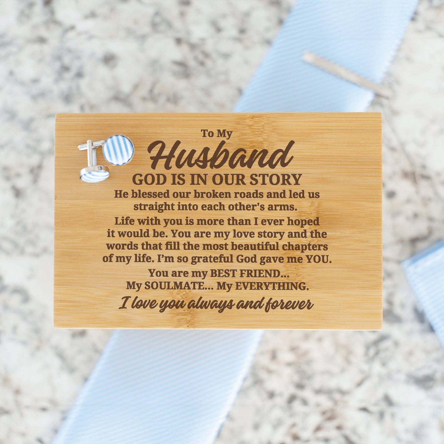 To My Husband "God Is In Our Story..." Engraved Tie Gift Box: Includes Premium Tie, Tie Clip, and Matching Handkerchief