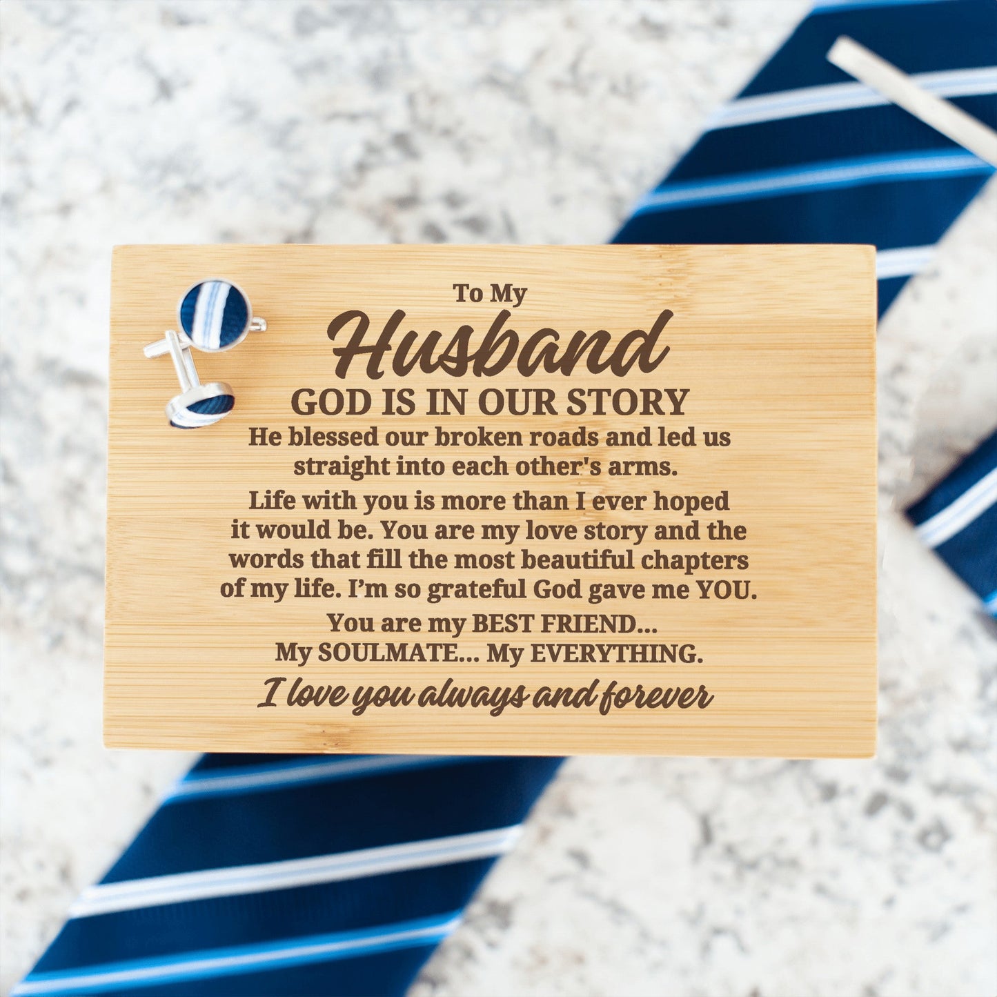 To My Husband "God Is In Our Story..." Engraved Tie Gift Box: Includes Premium Tie, Tie Clip, and Matching Handkerchief