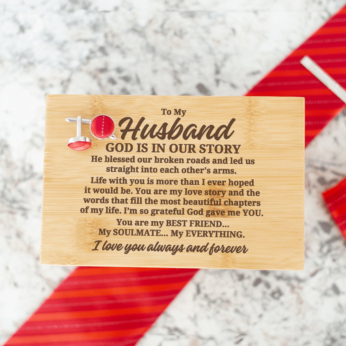 To My Husband "God Is In Our Story..." Engraved Tie Gift Box: Includes Premium Tie, Tie Clip, and Matching Handkerchief