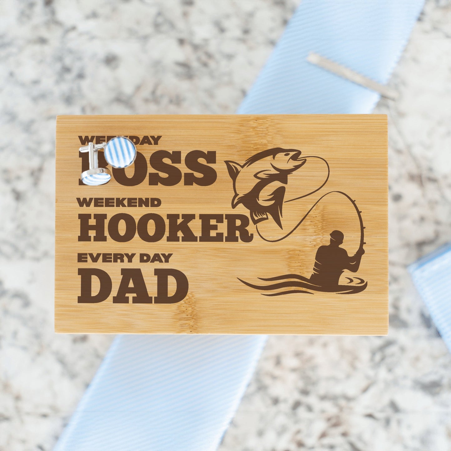 "Boss Hooker Dad." Funny Fisherman Engraved Tie Gift Box: Includes Premium Tie, Tie Clip, and Matching Handkerchief