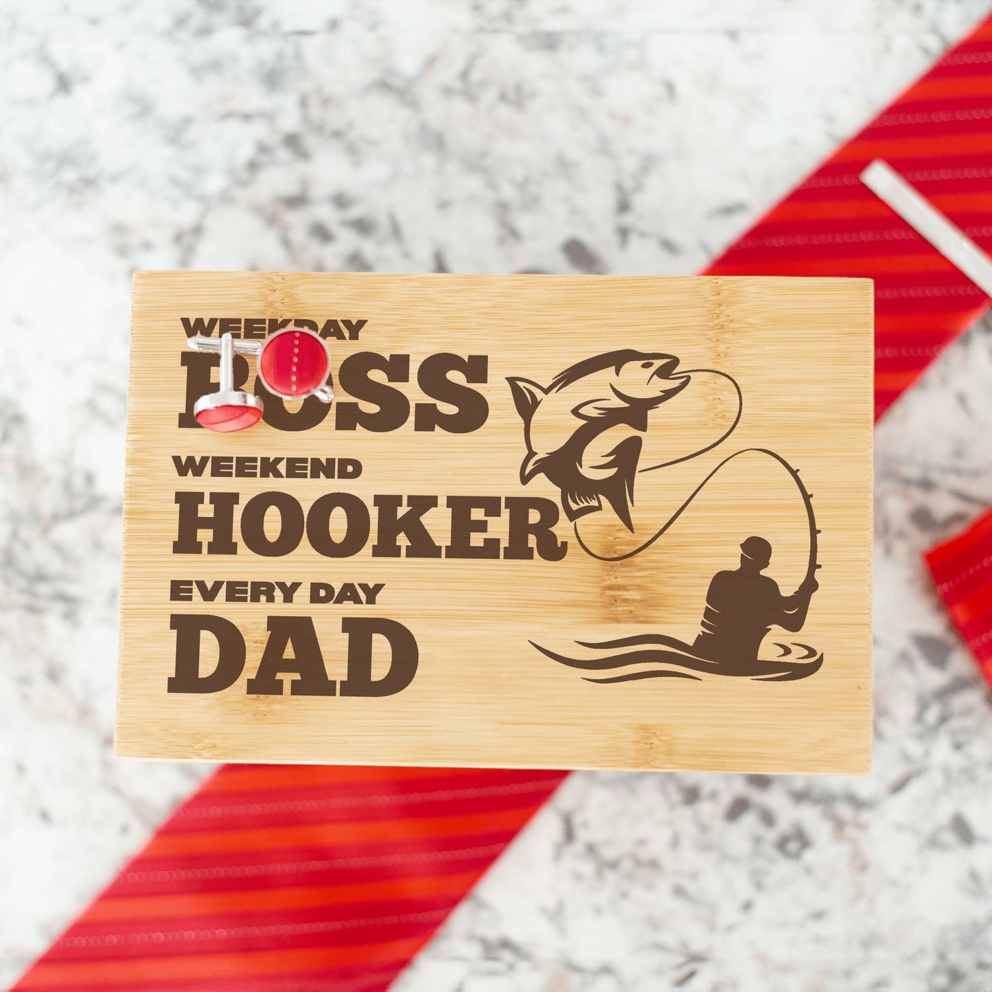 "Boss Hooker Dad." Funny Fisherman Engraved Tie Gift Box: Includes Premium Tie, Tie Clip, and Matching Handkerchief
