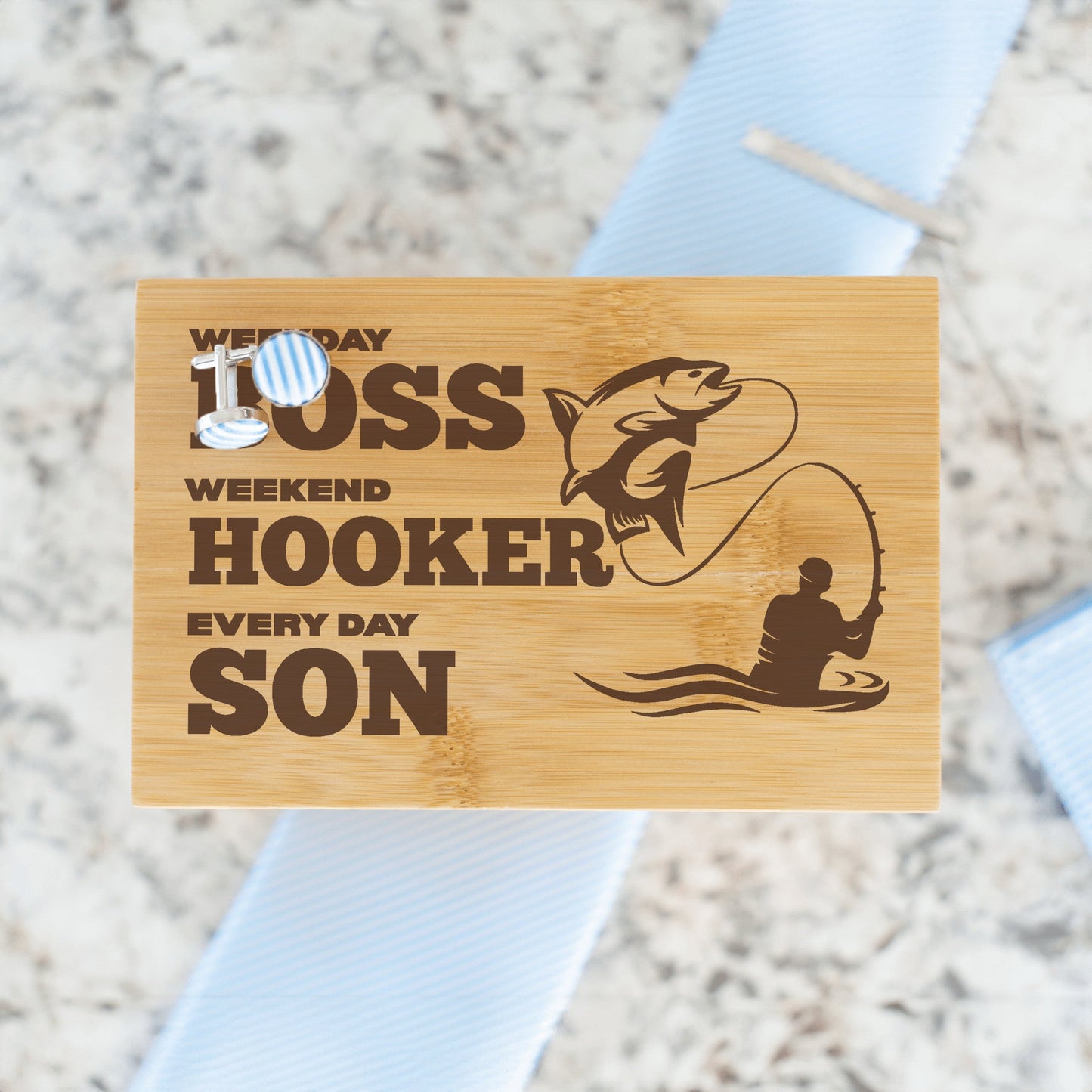 "Boss Hooker Son" Funny Fisherman Engraved Tie Gift Box: Includes Premium Tie, Tie Clip, and Matching Handkerchief